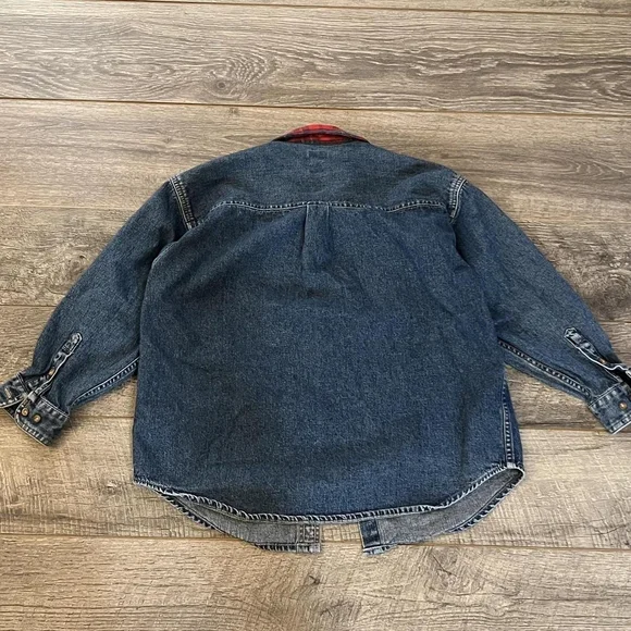 GAP Denim Shirt with Red Plaid Collar - Picture 2 of 3